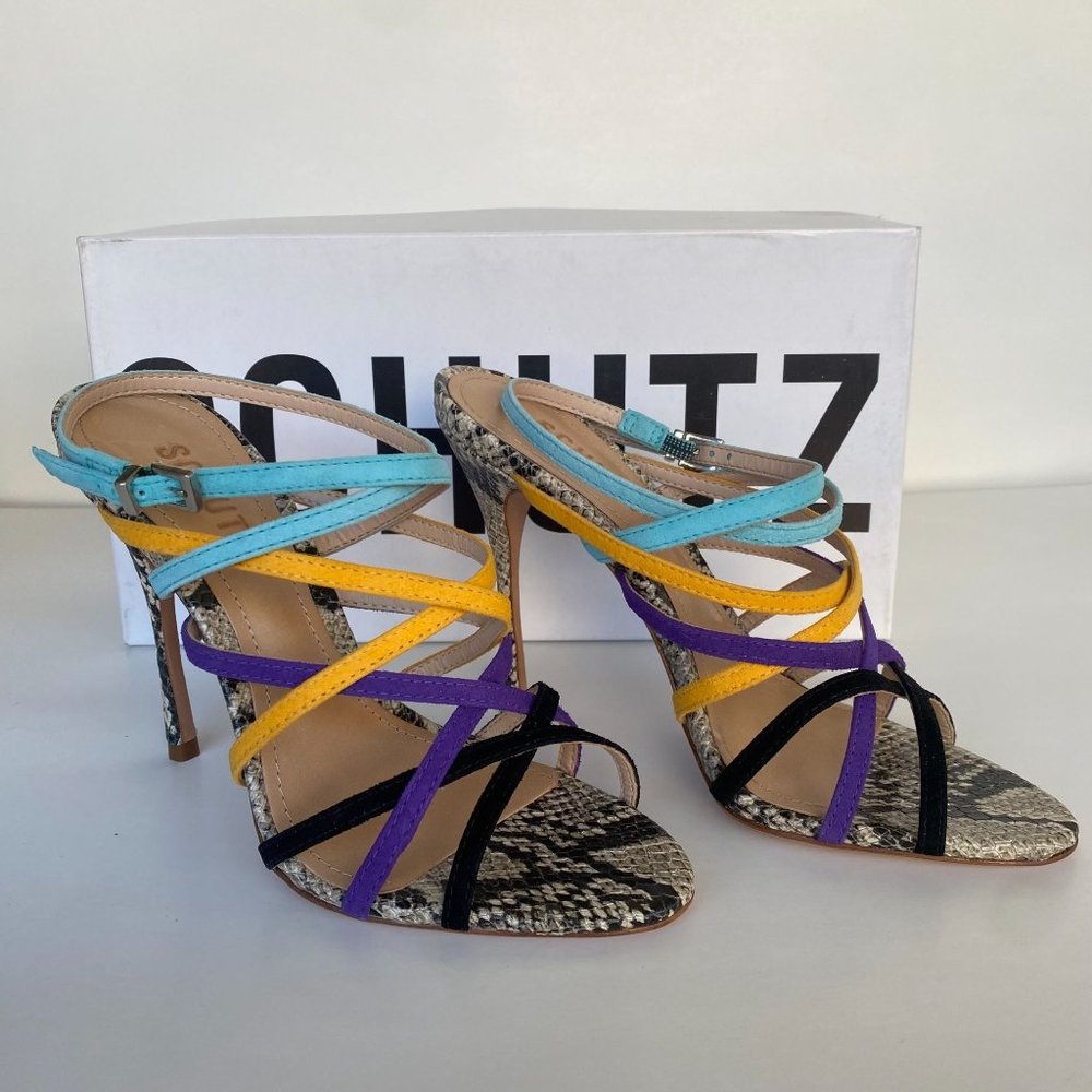 NIB SCHUTZ LIZBETH ANKLE STRAP HEELS IN MULTI SZ 11